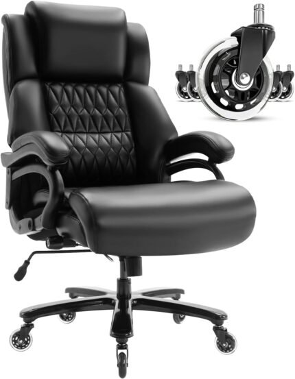 Big and Tall 400lbs Office Chair - Adjustable Lumbar Support Quiet Rubber Wheels Heavy Duty Metal Base, High Back Large Executive Computer Desk, Thick Padded Ergonomic Design for Back Pain (Black)